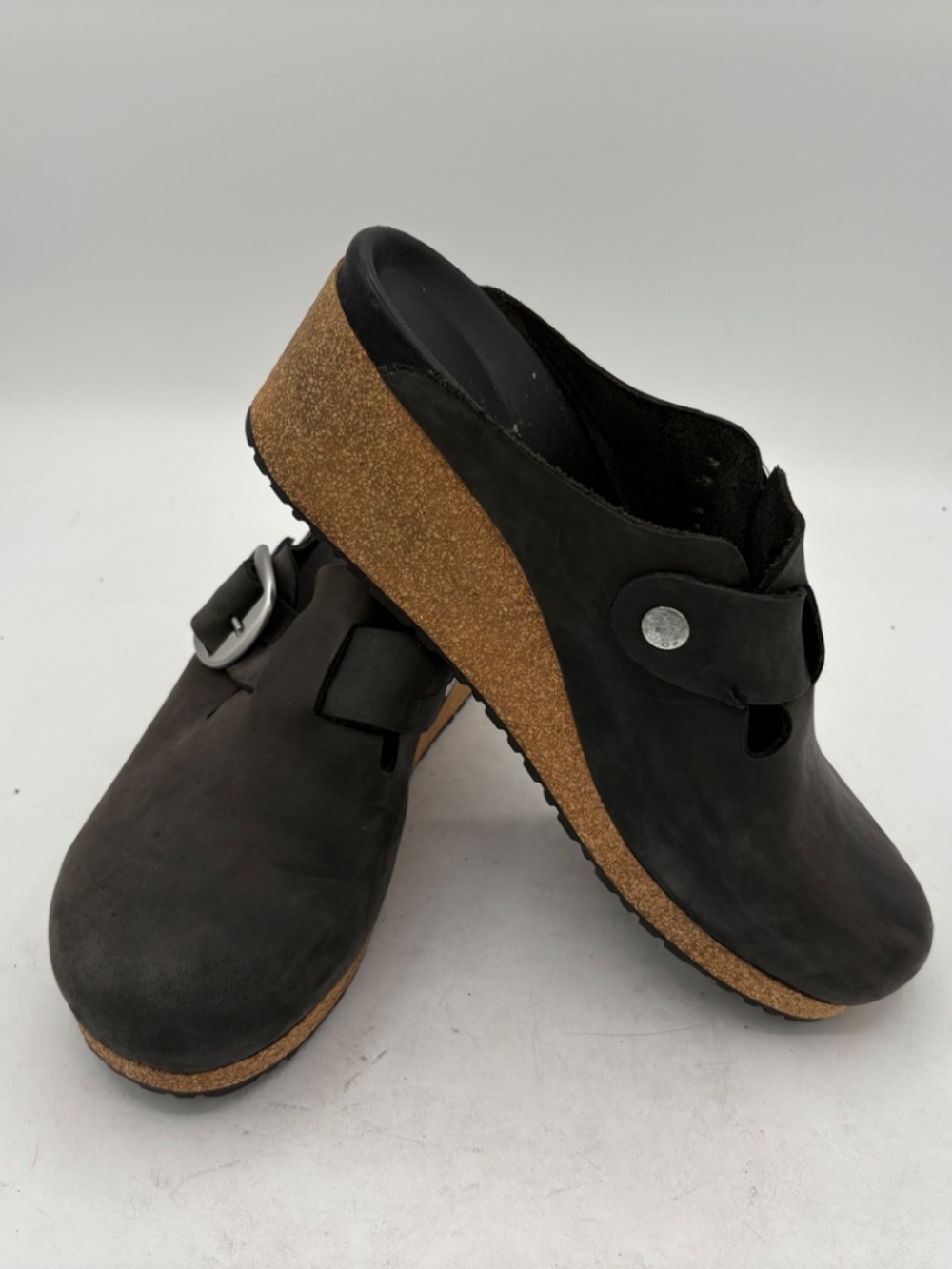 Birkenstock Papillio Fanny Big Buckle Black Oiled Leather Wedge Sz - Picture 2 of 15